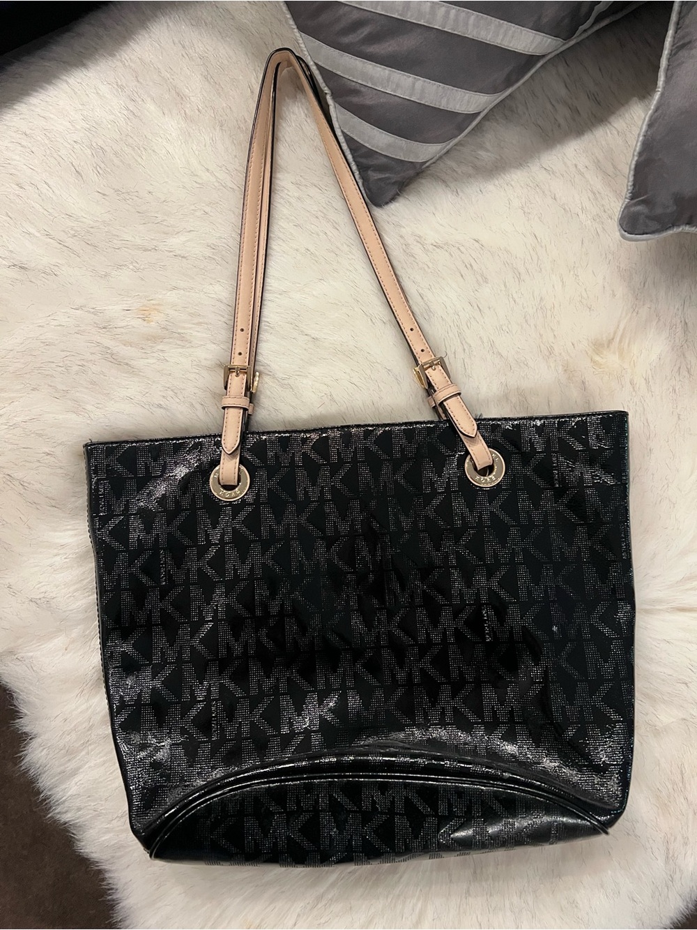 Michael Kors Black Logo Tote with Nude Shoulder Straps